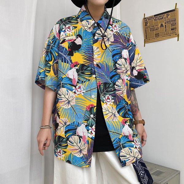 

men's casual shirts fashion mens slim floral print short sleeve harajuku cotton dress flower shirt homme plus size -5xl1, White;black