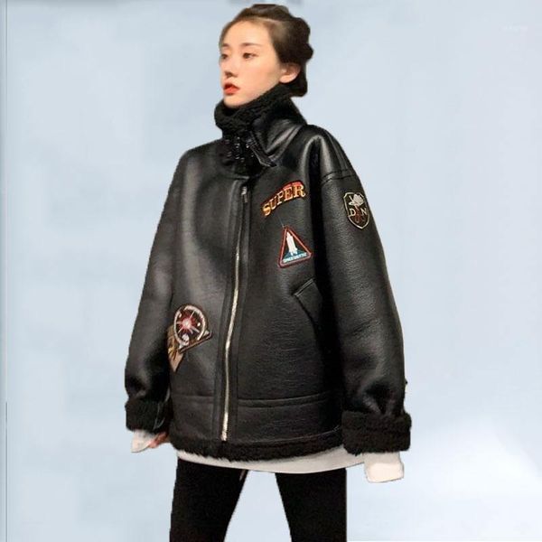 

lamb fur pu leather jacket women 2020 winter jackets women new korean tooling motorcycle jacket plus velvet thick warm coat tide1, Black
