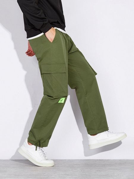 

men drawstring waist & hem flap pocket cargo pants 42in#, Black