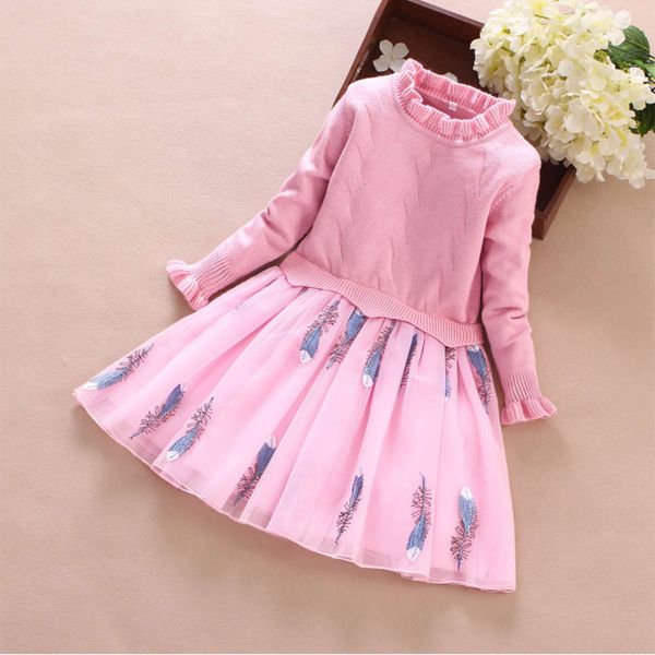 

sve long 2020 spring and girls' autumn woolen drs children's princs korean embroidery skirt, Red;yellow