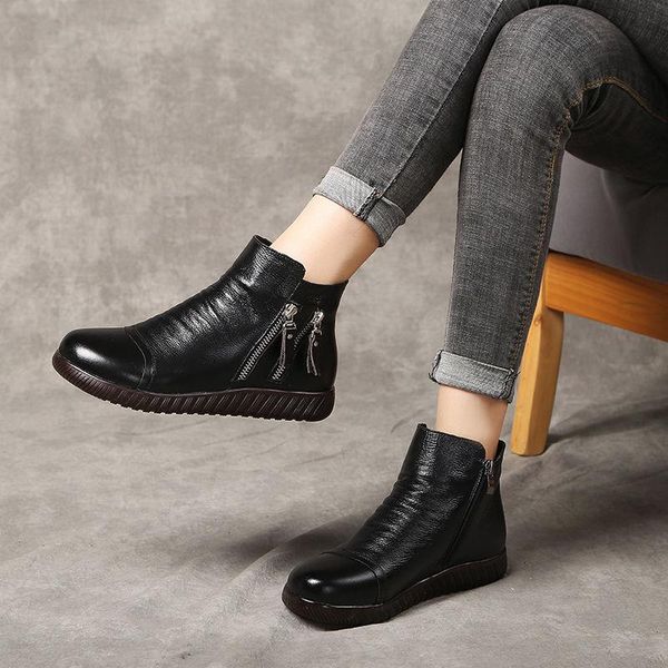 

boots delicate woman genuine leather fuzzy ankle female keep warm plush snow mom casual winter shoes, Black