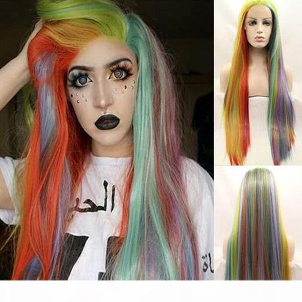 

lace front wig long rainbow color wigs heat resistant synthetic straight pink wigs for women natural hairline, Black