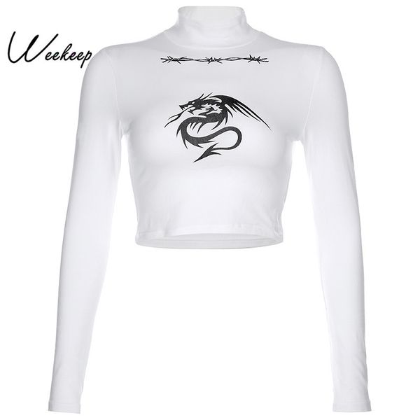 

weekeep dragon printed turtleneck long sleeve t shirt women white knotted cropped streetwear tshirt spring autumn fashion y200109