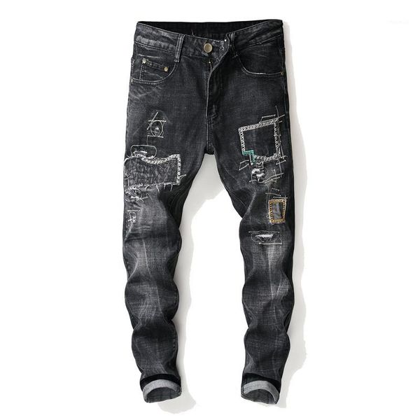 

european american style luxury men denim trousers zipper slim brand jeans patchwork hole black jeans pencil pants for men1, Blue
