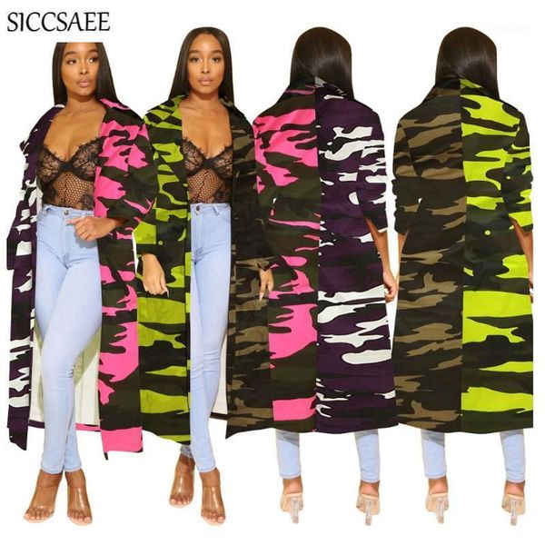 

2020 autumn overcoat camouflage printed denim trench coat for women jeans casual cardigan manteau femme ladies cloak patchwork1, Tan;black