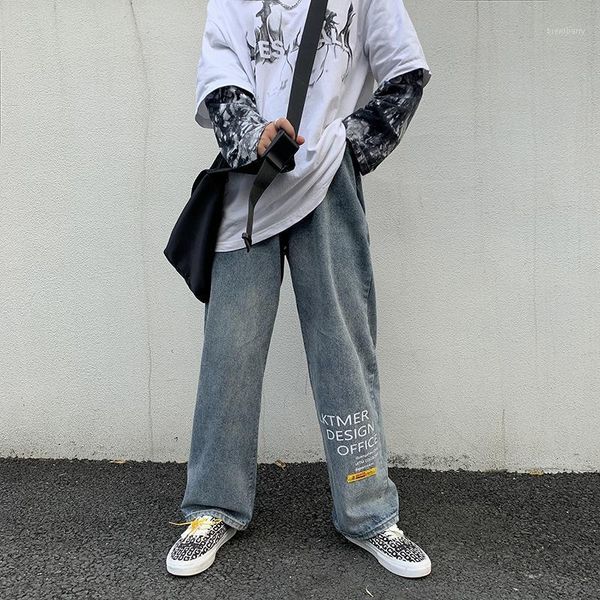 

2019 autumn and winter new distressed personality printing straight pants fashion casual loose jeans trend blue -2xl1
