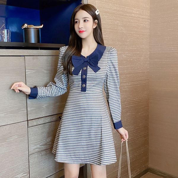 

autumn 2020 hepburn style french baby collar bow long sleeve doll dress a-line plaid dress xb4ba, Black;gray