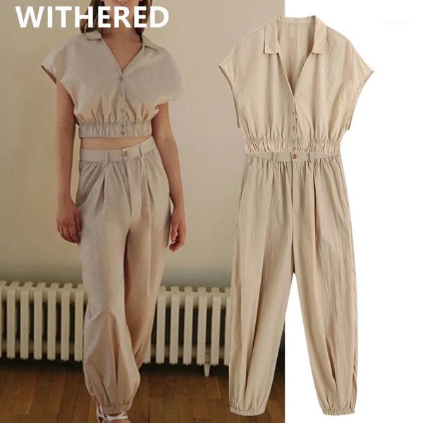 

withered england style vintage simple solid loose cargo short blouse women harem pants women trousers two pieces sets1, White