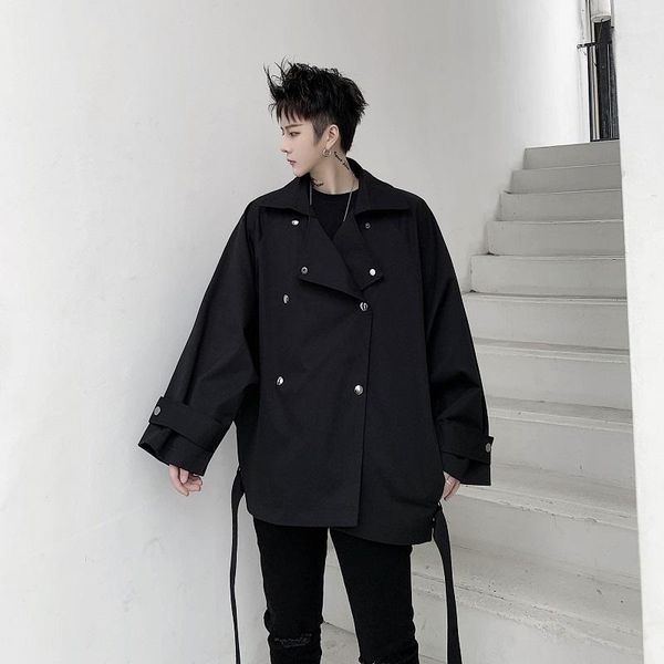 

men's jackets men double breasted casual loose jacket overcoat male women japan korea style streetwear hip hop coat outerwear, Black;brown