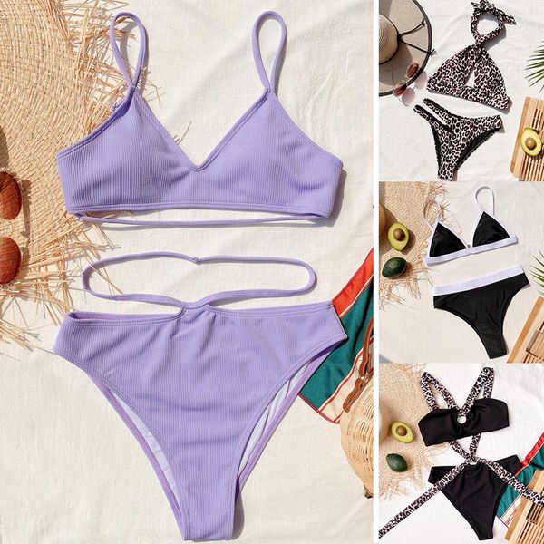 

ale women bikini set two pieces swimsuit ruffle leopard print beachwear bandage cross push up swimwear style three