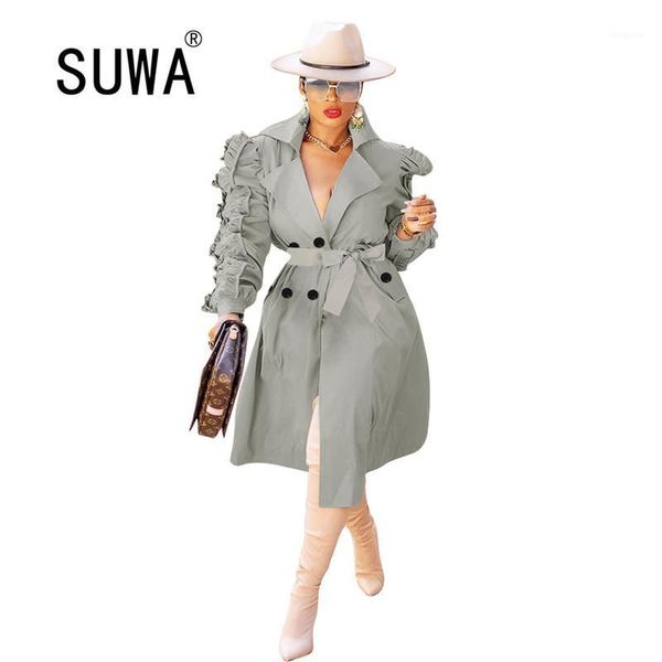 

double breasted classic women trench coat elegant long puff sleeve loose long windbreaker high street female slim outwear1, Tan;black