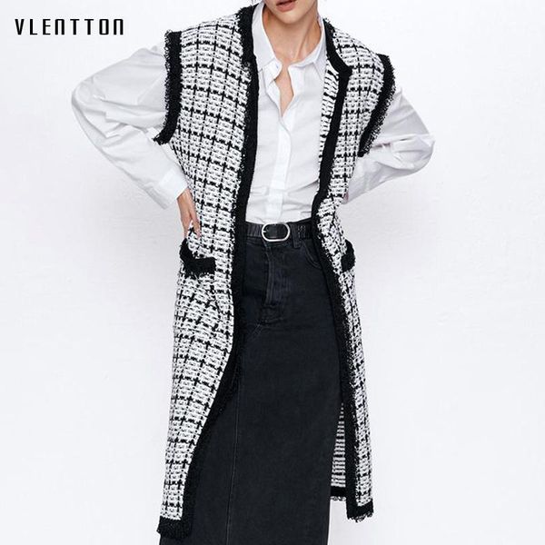 

2020 spring autumn tweed plaid long women's vest coat chic pockets sleeveless waistcoat female casual vests ladies cardigan1, Black;white