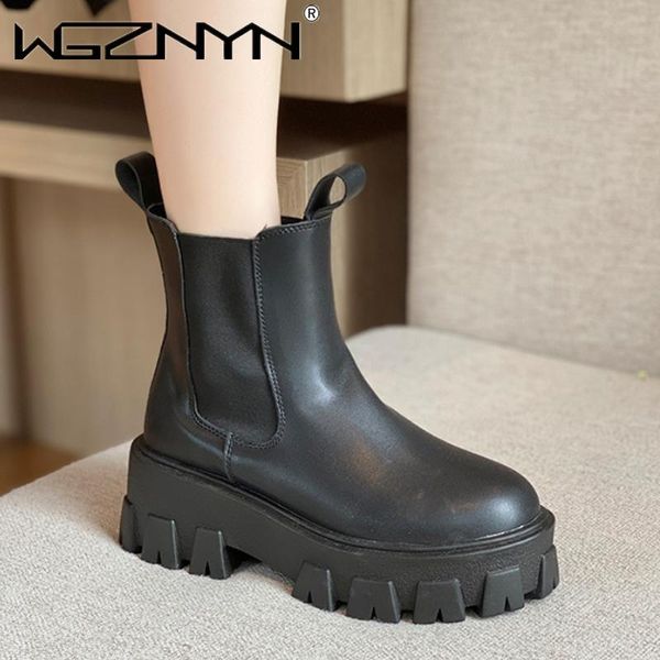 

new brand ankle boots for women autumn motorcycle boots thick heel platform shoes woman slip on round toe fashion, Black