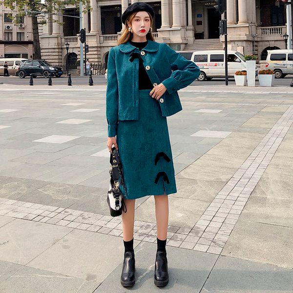 

2021 new inverno terno das mulheres vintage cintura alta fenda mdio saia manga casaco veludo 2 peas y455 e7y0, Gray