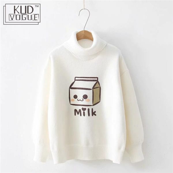 

women pullover winter korean sweater mori girl high collar milk boxes print cute female turtleneck loose kawaii knitting jumper1, White;black