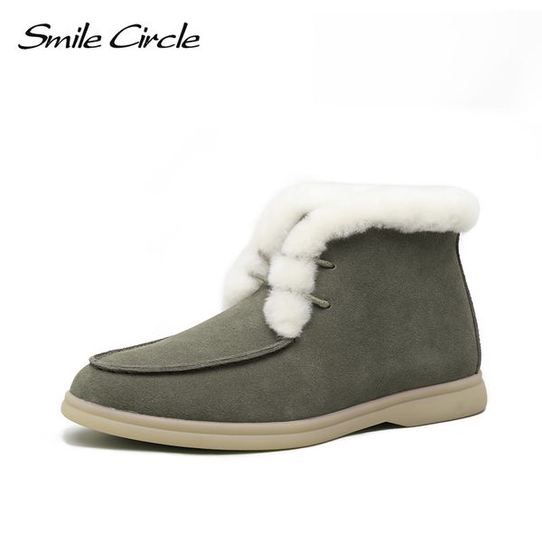 

smile circle women snow boots natural fur genuine leather ankle boots winter comfortable flat wool boots women shoes lj201130, Black