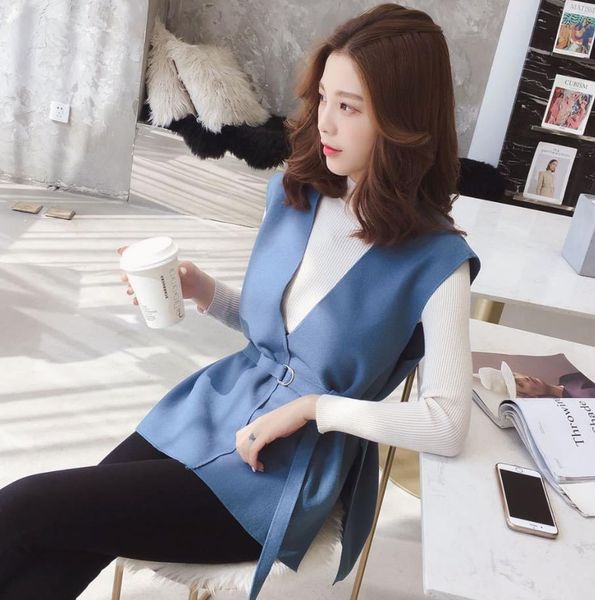 

new 2021 autumn of wool medium woman's vest long sleeveless jacket with waistband ladies thin sweater y207 3fpw txf2, Black;white