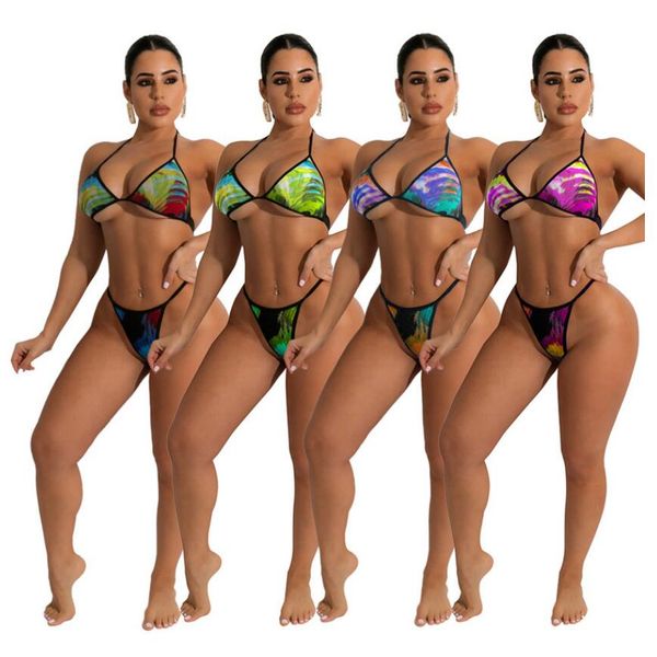 

wholesale swimwear summer women bikini sets bra bottom two piece set swimsuits tie dye beach wear bikinis swimming suits 7079, White;black