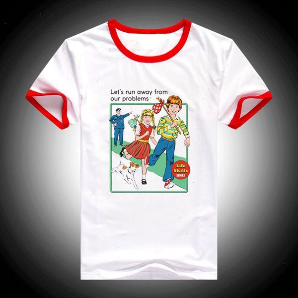 

women tshirt 2021 summer lets run away from our problems tumblr t shirt femme graphic funny t shirts female t shirt, White