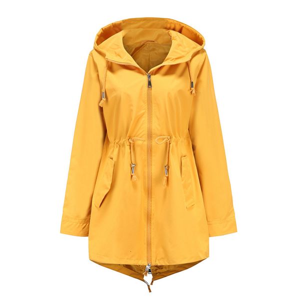 

autumn and winter mid long raincoat windproof rainproof hooded thin windbreaker adjustable elastic women's coat zipper jacket, Tan;black