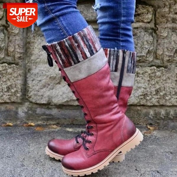

lucyever pu leather knee high platform boots women patchwork knit low heel warm boots woman plus size lace up vintage shoes 2020 #tt6b, Black