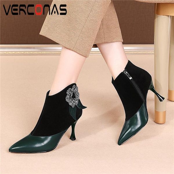 

boots verconas elegant women ankle autumn flower pointed toe shoes woman office lady thin heels genuine leather short, Black