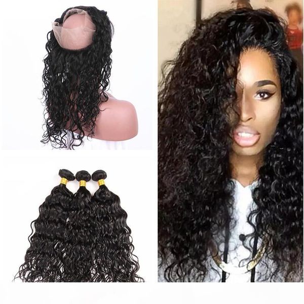 

360 lace frontal with bundles malaysian water wave 360 frontal with bundles 360 lace frontal closure with wet and wavy virgin human hair, Black;brown