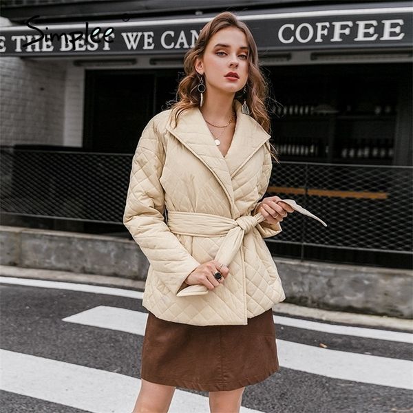 

simplee warm short cotton padded parkas womens new belted autumn winter coats female long sleeves elegant lapel overcoat 201208, Black