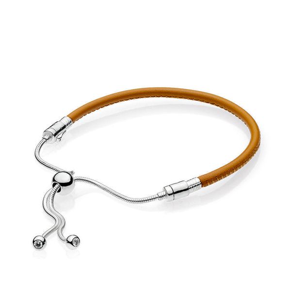 

2021 new 100% 925 sterling silver moments golden tan leather sliding bracelet charm women of fashion diy gift jewelry, Black