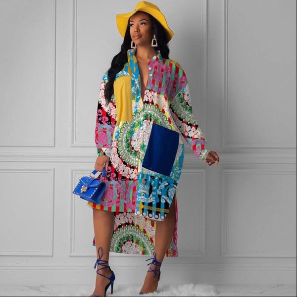 

floral print dress women casual office ladies spring autumn dresses boho african elegant printed long sleeve fall shirt dress, Black;gray