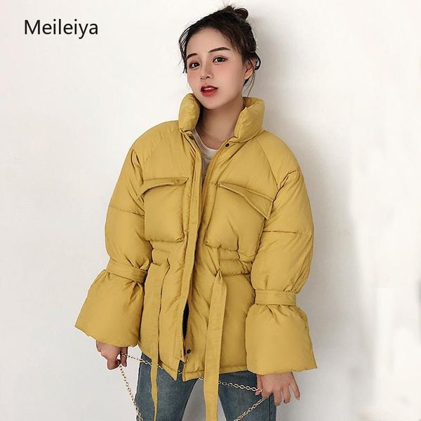 

women winter jackets parkas fashion thick warm lantern sleeve jackets slim solid sweet for female, Black