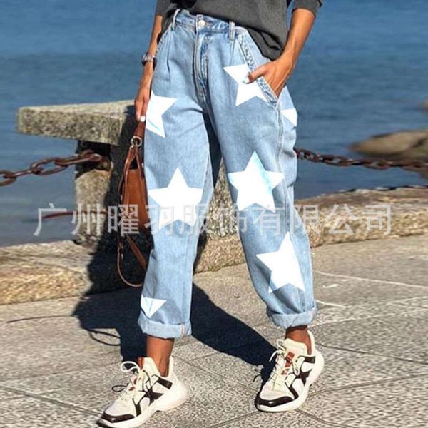 

casual denim straight pants five loose pointed star jeans for women, Black;gray