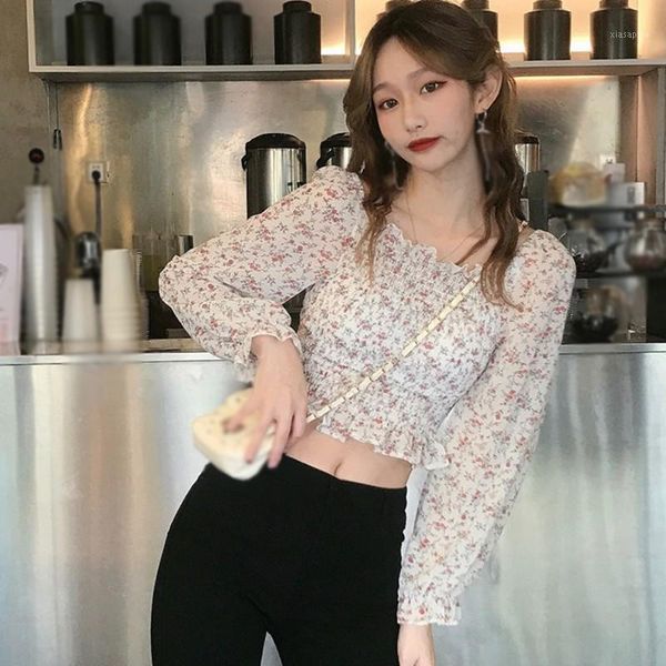 

women's blouses & shirts 2021 summer women pleated small floral print chiffon casual puff sleeve square collar blusas feminina 1, White