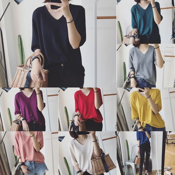 

2020 coat summer short sleeve t-shirt women's korean casual loose v-neck t-shirt ins women's fashion label ladies s7cue, White