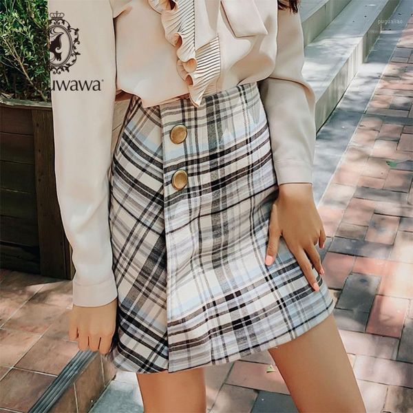 

dabuwawa spring autumn vintage plaid skirt for girls office lady women new grey high waist button a-line skirts female d18dsk0141, Black