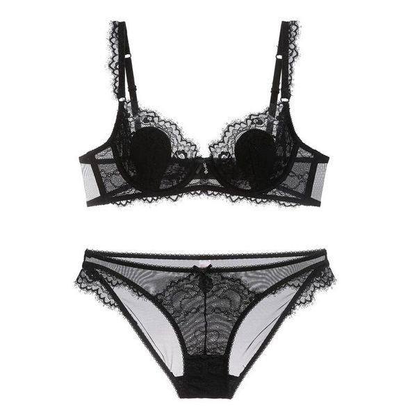 

lace ultra thin transparent bra with padded lacy underwear set women lingerie plus size bra and panties sets a b c d e cup y200708, Red;black