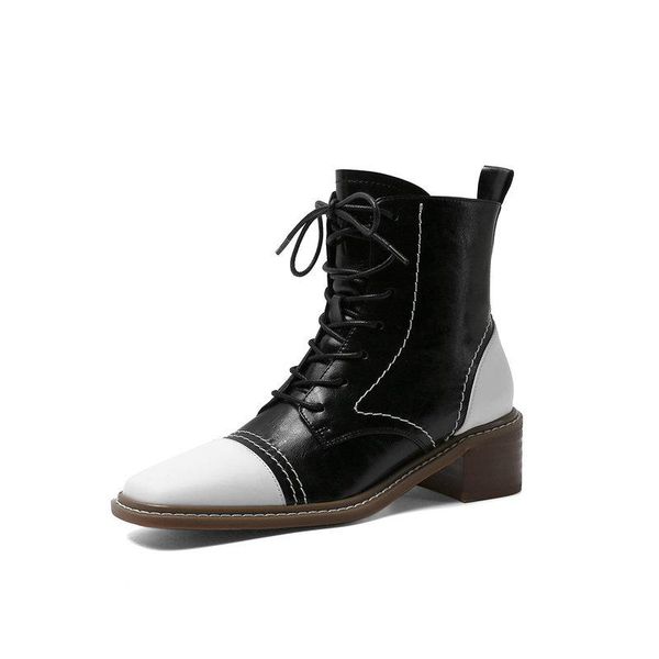 

genuine leather mixed colors women's boots autumn winter thick heels pumps office lady working shoes woman, Black