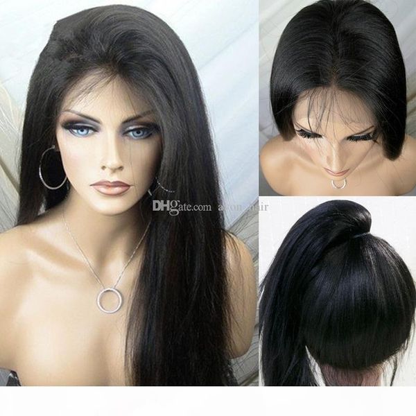 

selling yaki straight lace front wig with baby hair italian light yaki brazilian glueless full lace human hair wigs for african american, Black;brown