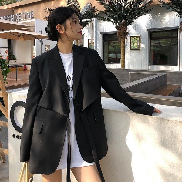 

women's suits & blazers [ewq] autumn winter female turn-down collar long-sleeved casual blazer coat single button loose minimalist belt, White;black