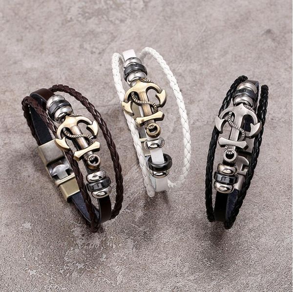 

punk new leather bracelet men's alloy boat anchor leather bracelet gsfb346 mix order 20 pieces a lot charm bracelets, Golden;silver