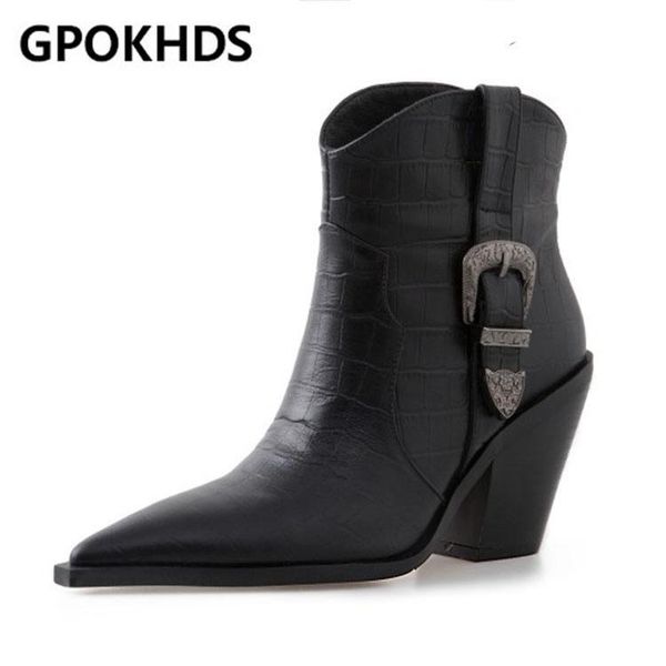 

gpokhds 2021 women ankle boots soft cow leather winter short plush slip on pointed toe high heels female western boots, Black
