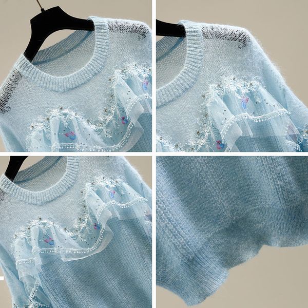 

new women's 2021 fashions heavy industry sequins sewing lotus leaf lace mesh hollow sweaters mrs pullovers y522 g2sb, White;black