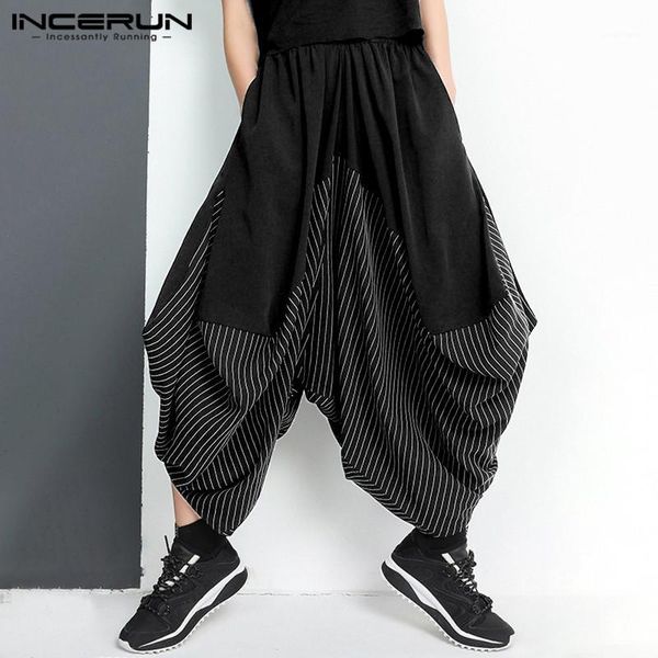 

incerun men harem pants striped patchwork joggers elastic waist baggy fashion wide leg trousers men punk streetwear dance pants1, Black