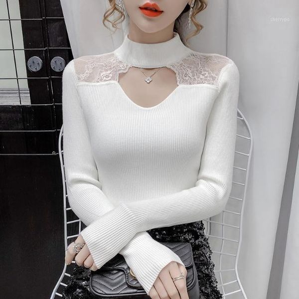 

women 2021 autumn winter fashion lace solid color sweater female new slim long sleeve ladies knitted warm q4271, White;black