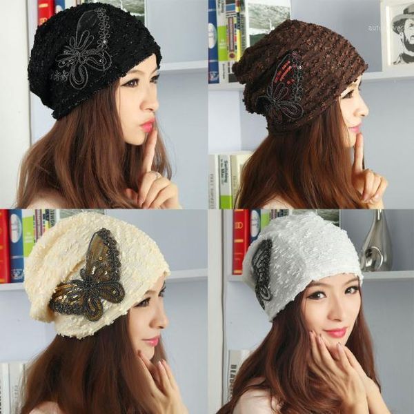 

women autumn winter hat lace butterfly beanie skullies turban cap1, Blue;gray