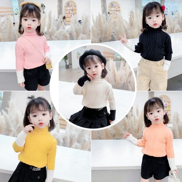 

kids designer clothes girlswinter 2020 new style sleeve color matching slim sweater bottoming shirt high neck sweater pilling girl, Blue