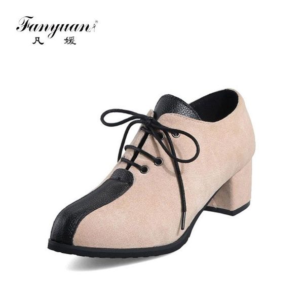 

female shoe round head suede square heel colour matching single shoes vintage shoes woman high heel maziao, Black