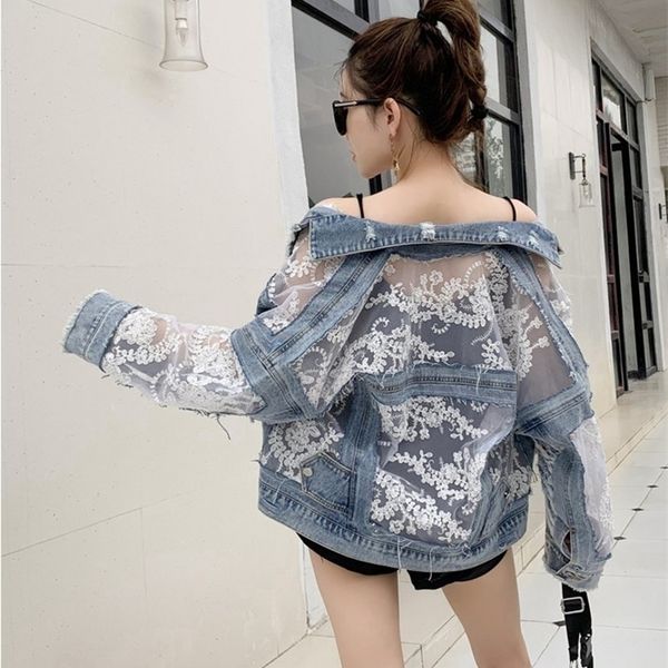 2020 neue Sommer Langarm Große Größe Jeans Jacken frauen Mantel Lose Spitze Nähte Perspektive top Jacke Damen Denim mantel LJ201021