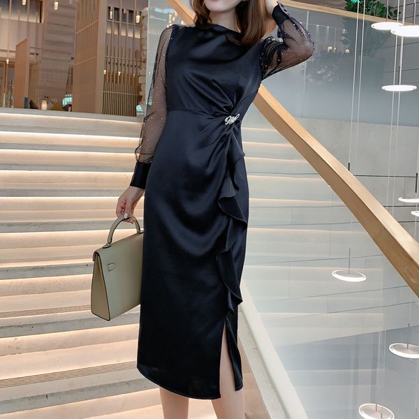

2021 new autumn diamond splicing tulle polka dot long sleeve stylish mid-length temperament dress tnif, Black;gray