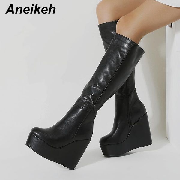 

aneikeh new women's 2020 winter fashion pu riding platform rome party knee-high wedges boots round toe zip size 35-40 black